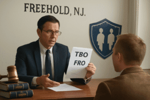 Restraining Order Lawyer in Freehold providing legal advice on TRO and FRO cases, symbolizing family safety, legal protection, and courtroom defense.