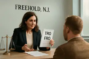 Restraining Order Lawyer in Freehold offering legal guidance in a law office, symbolizing justice, protection, and family security.
